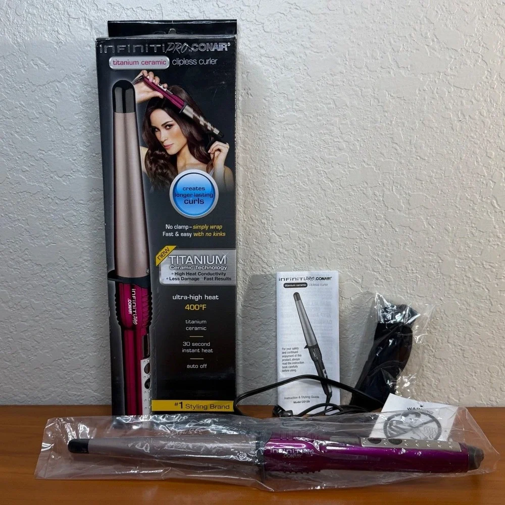 New Conair InfinitiPro Titanium Ceramic Clipless Curling Wand Purple CD123